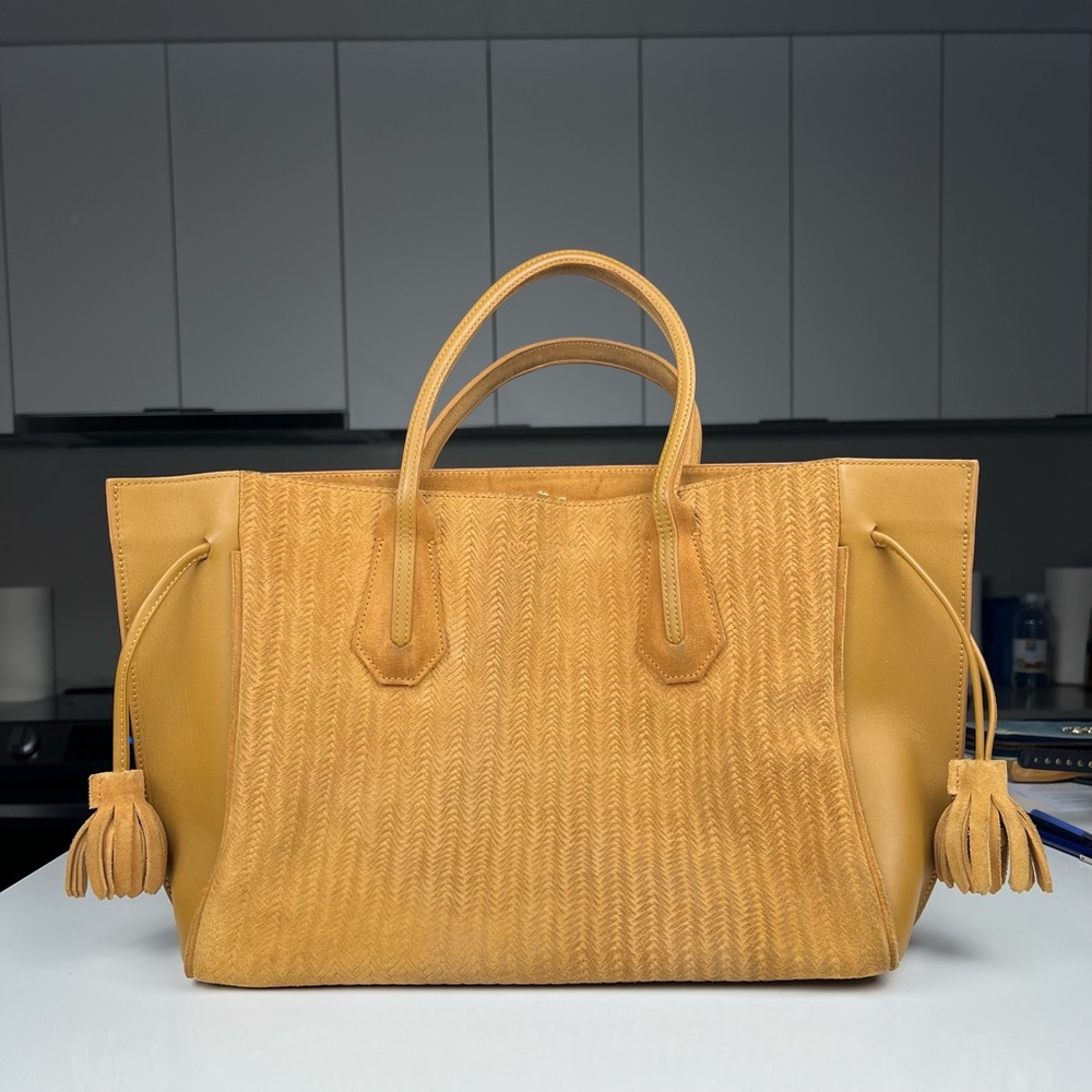 Longchamp Mustard Yellow Suede & Leather Tote Bag